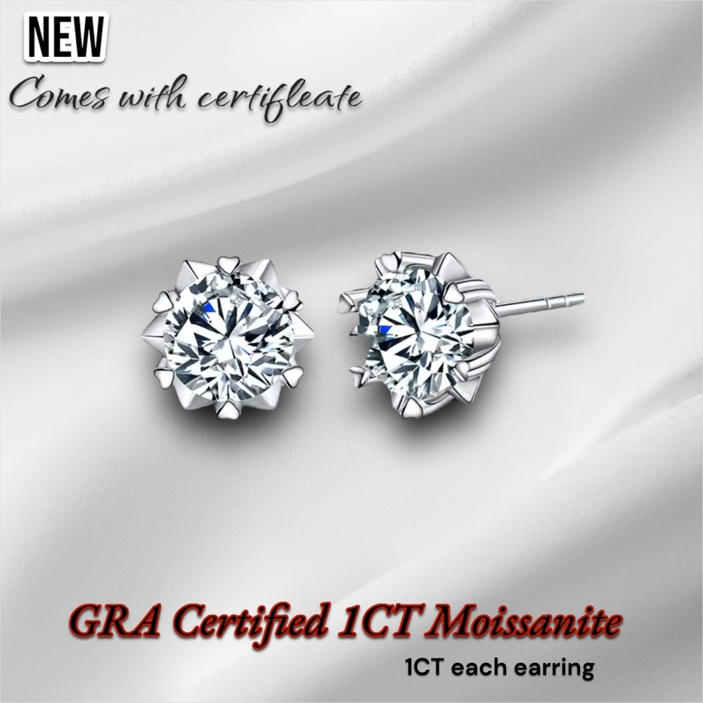New Sterling Silver .925 GRA Certified 1CT Moissanite Stud earrings